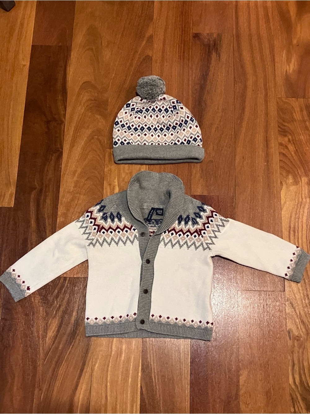 Janie and Jack Cream Fair Isle Cardigan with Gray Trim & Matching Pom Hat